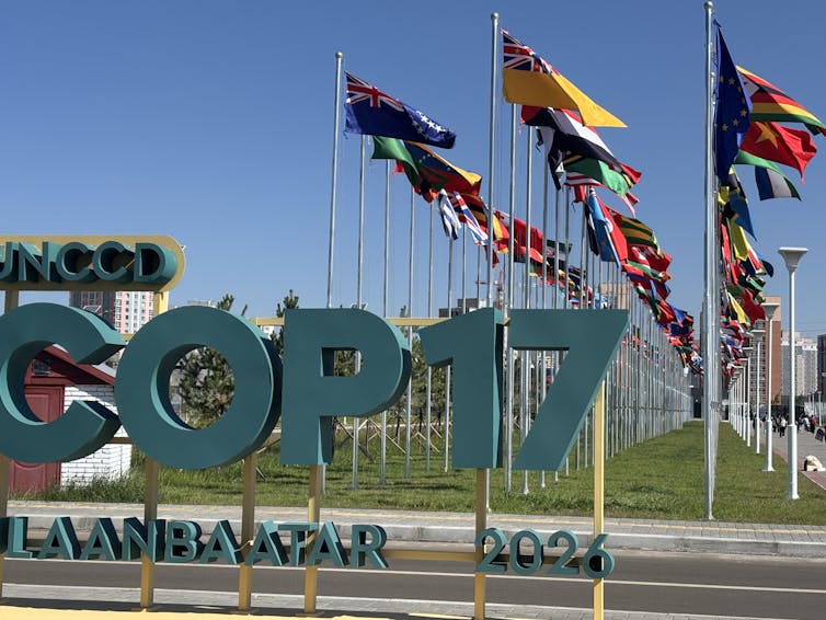 Big green letter signs spell out Cop17, with country flags in background