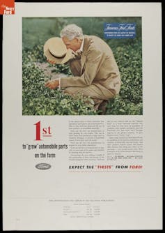 A magazine ad in the style of the 1940s shows a man in a tan suit holding a straw hat squatting down in a field to look at plants.