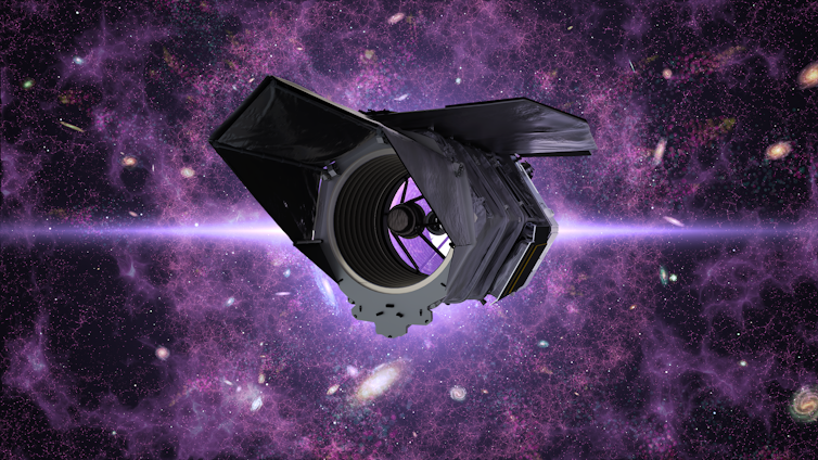An illustration of the Roman telescope against purple light. It looks like a tube with panels coming off the sides