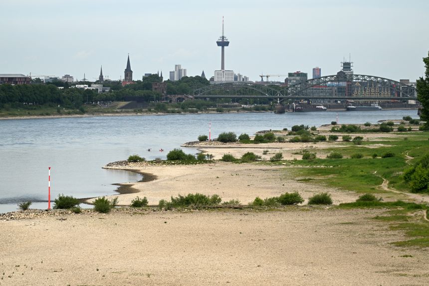 The partially dried-up river bed of the Rhine in Cologne, Germany, on May 21, 2025.