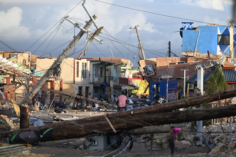 Electrical poles are down in the neighborhood of North Street following Hurricane Melissa, in Black River, Jamaica, on October 29, 2025.
