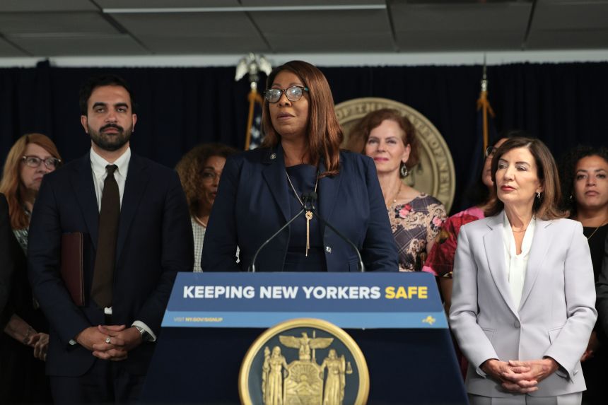 New York Attorney General Letitia James speaks during a press conference in New York on August 12.