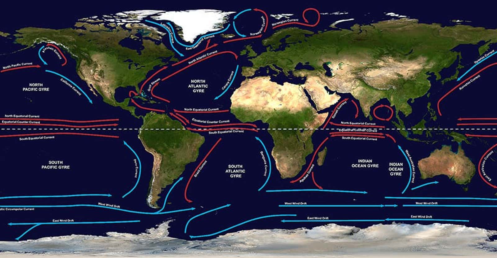 The main Gyres across the world. Notice the North Atlantic Gyre, which contains the Gulf Stream.