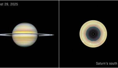 Astronomers using Hubble found a new roughly 104,000-mile-wide ten-sided storm forming at Saturn’s south pole, a geometric twin to the famous hexagon that has long circled the north