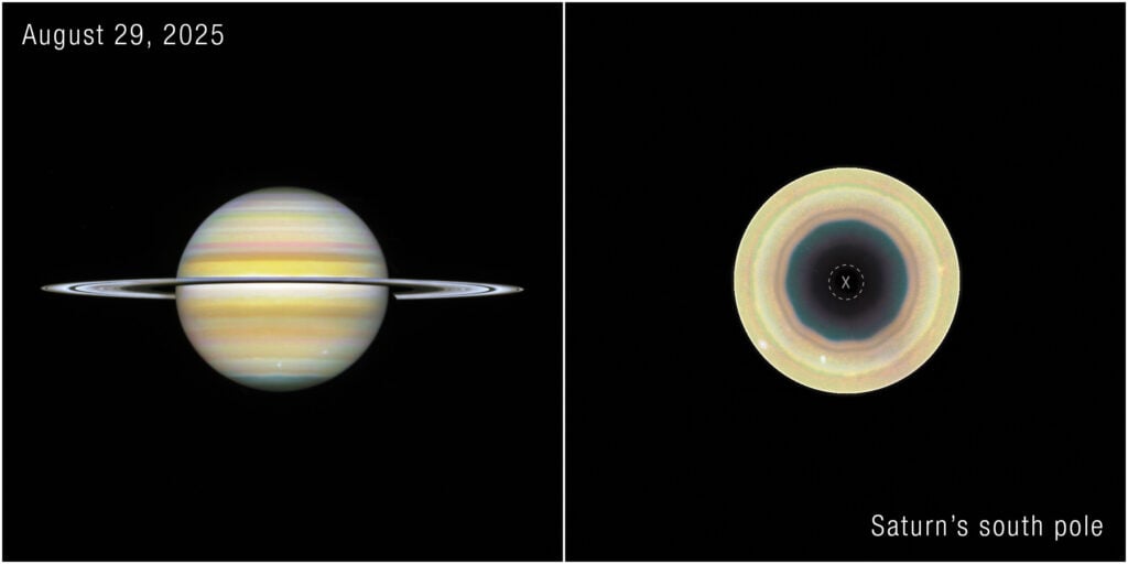 Astronomers using Hubble found a new roughly 104,000-mile-wide ten-sided storm forming at Saturn’s south pole, a geometric twin to the famous hexagon that has long circled the north