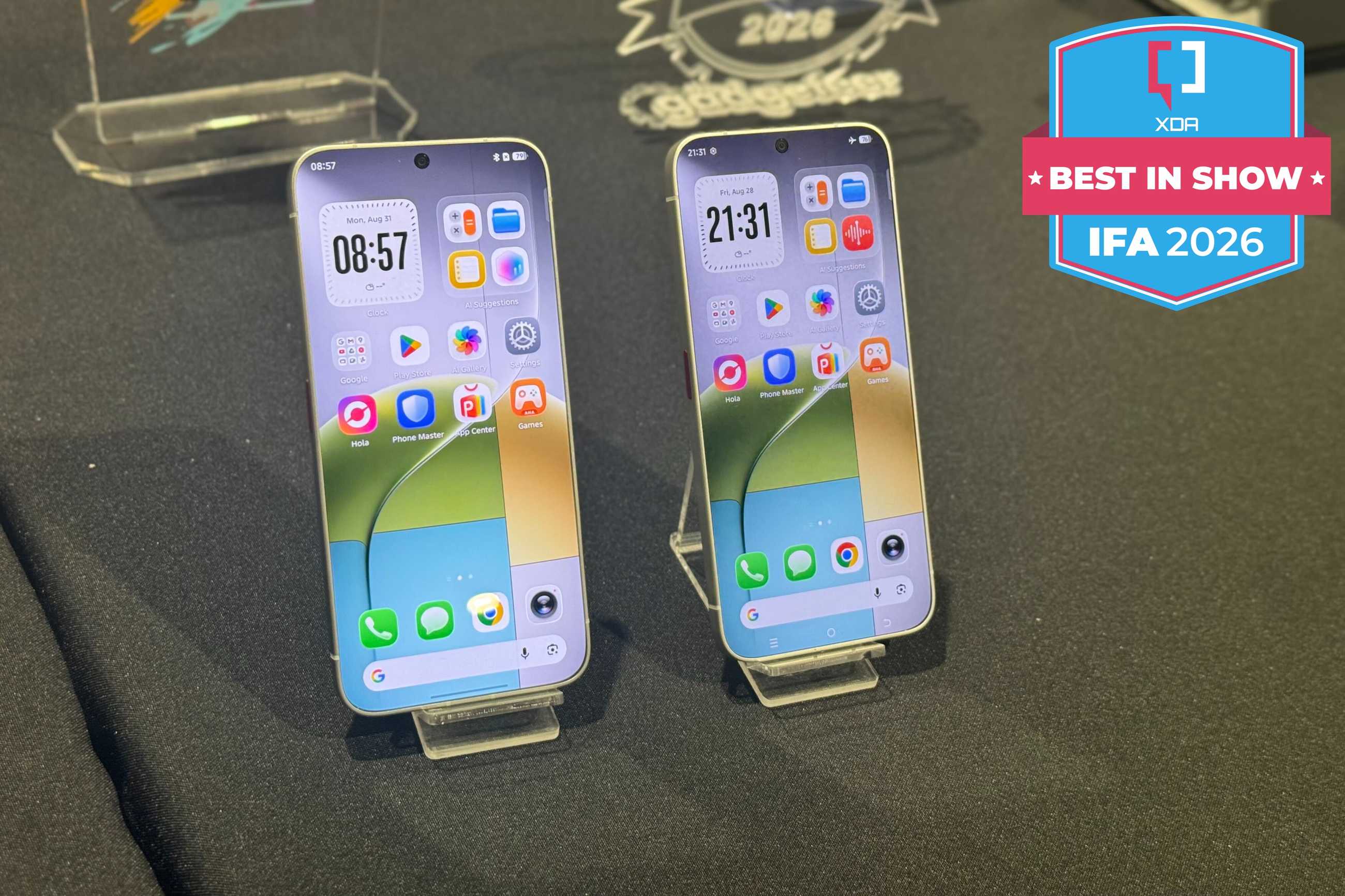 Two Tecno Bezelless Concept Phone units next to each other with a badge reading XDA Best in Show IFA 2026