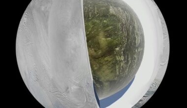 Diagram depicting Saturn's moon, Enceladus, and its subsurface ocean. (Credit: Southwest Research Institute)