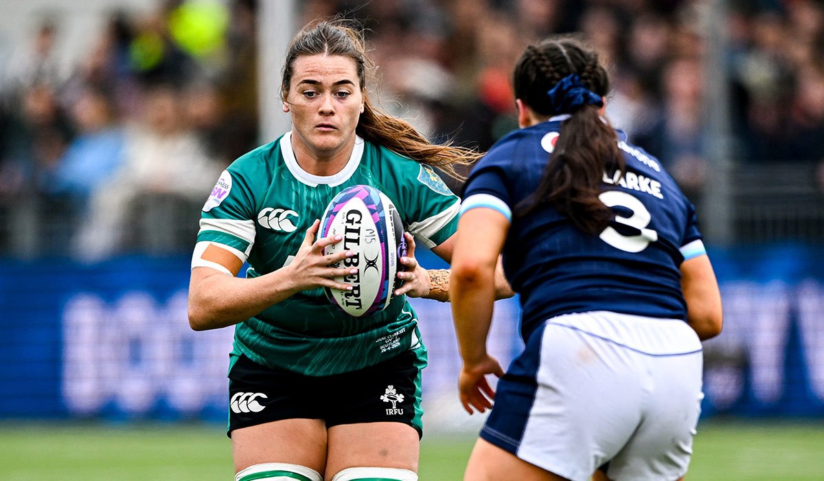 Jane Clohessy of Ireland in action against Ellianne Clarke of Scotland during the Women's Six Nations Rugby Championship match in 2025. Pic: Paul Devlin/Sportsfile