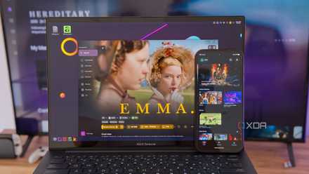 A phone displaying the homepage on Findroid, in front of a laptop displaying the homepage on Fladder, with a TV in the background displaying the homepage in Litefin