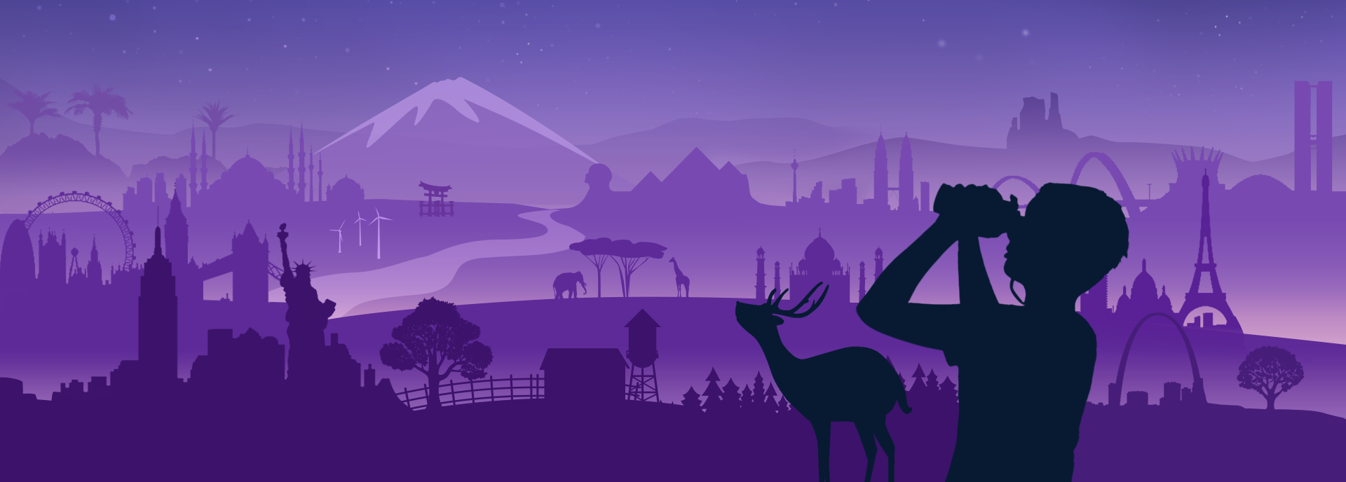 Illustration of imagined landscape with world landmarks, silhouette of a boy looking up at the sky with binoculars, for International Observe the Moon Night.