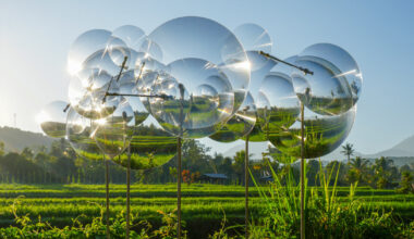 kinetic constellation of fresnel lenses by vincent leroy distorts bali’s landscape