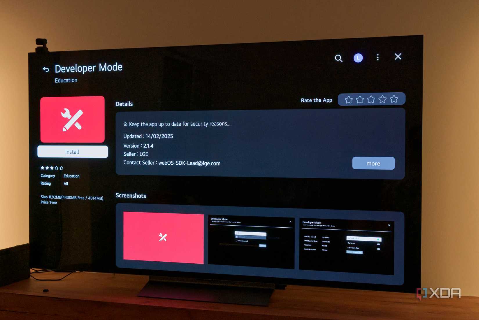 An LG TV displaying the store listing for the Developer Mode app