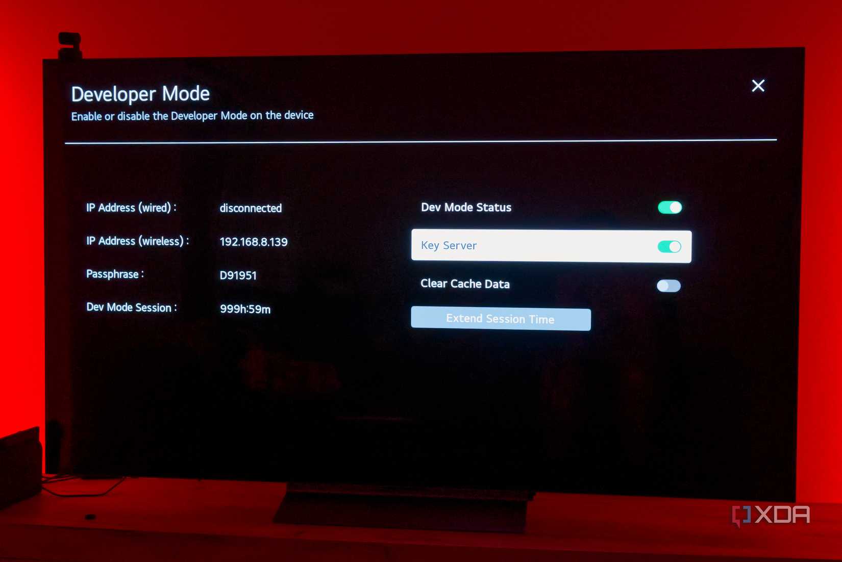An LG TV running the Developer Mode app with Dev Mode and the Key Server enabled