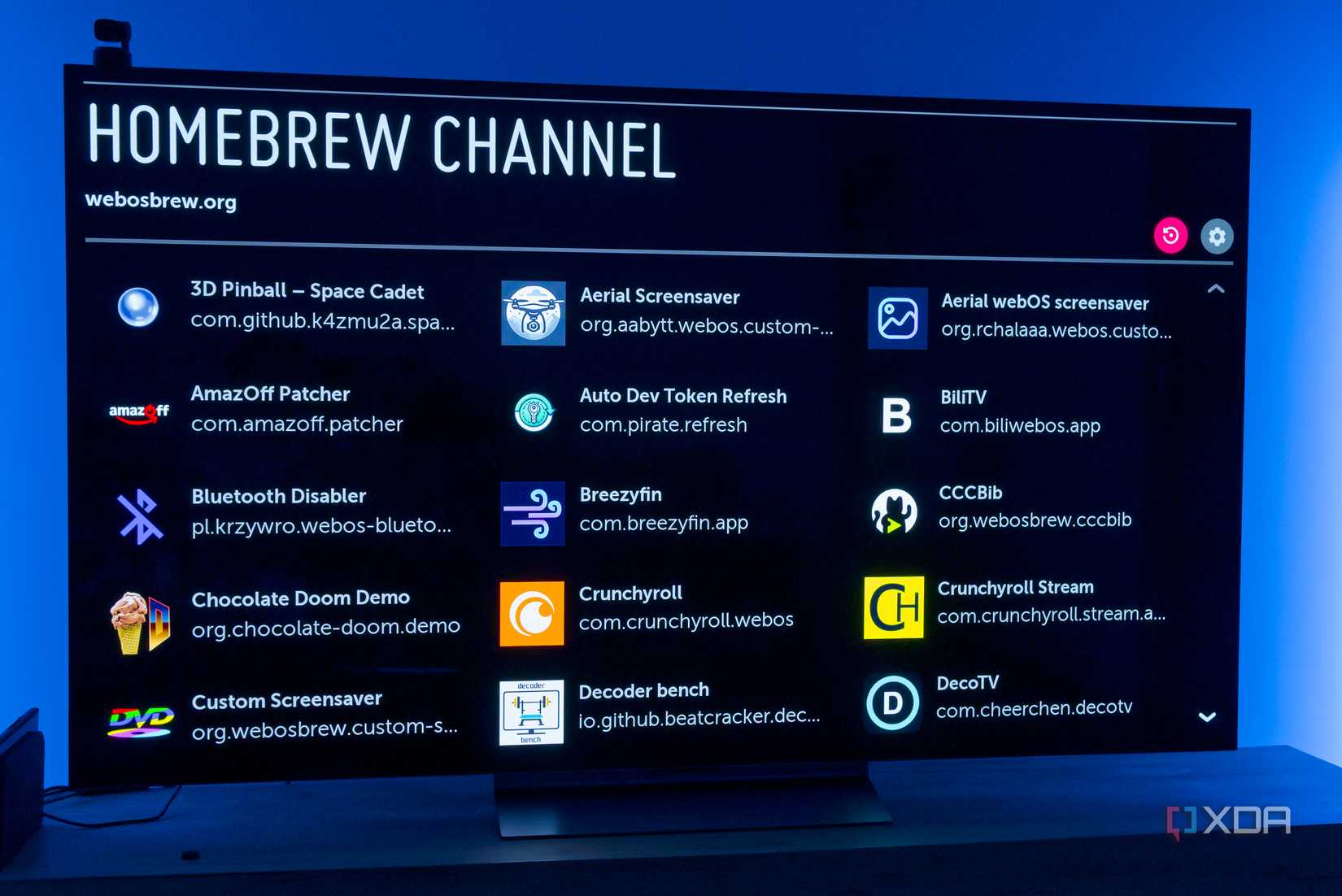 An LG TV displaying a list of apps available in the Homebrew Channel