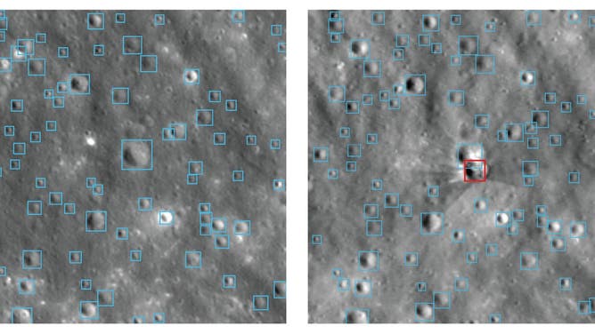 The NASA-IBM Lunar Foundation Model detected existing craters (blue outlines) and highlighted the newly formed impact crater (red box).