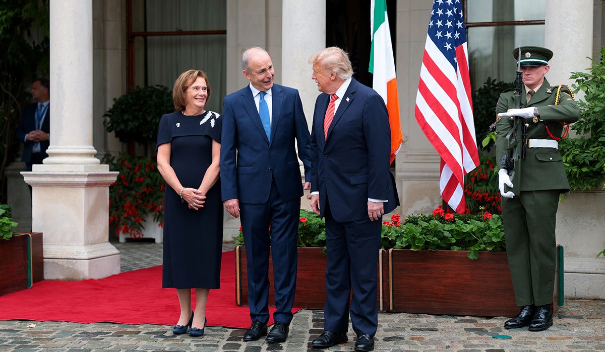 U.S. President Donald Trump is greeted by Taoiseach Micheal Martin and his wife Mary Martin at Farmleigh House. Pic: Getty Images