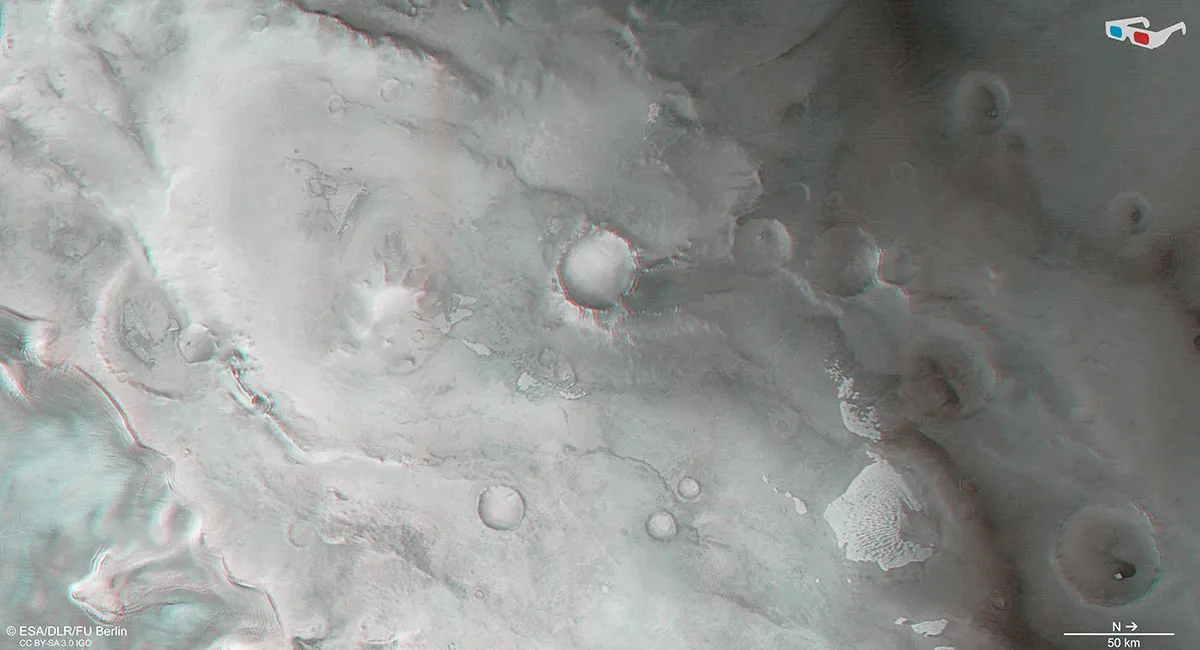 3D rendering of Thyles Rupes region on Mars, showing cliffs and surface texture.
