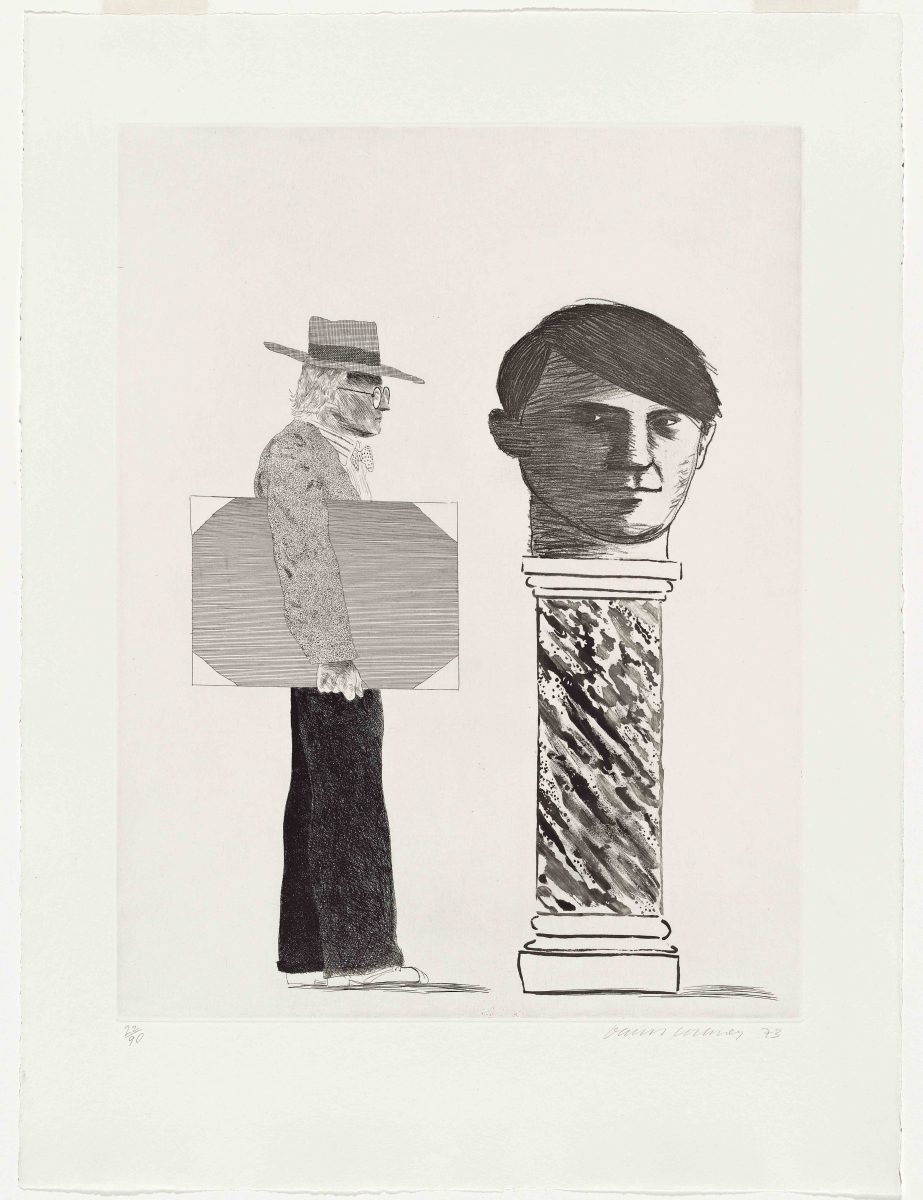 black and white etching of a figure with a folder approaching a bust