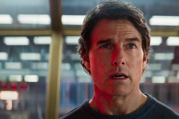 mission-impossible-8-tom-cruise Tom Cruise as Ethan Hunt in Mission: Impossible – The Final Reckoning looking shocked in a black t-shirt