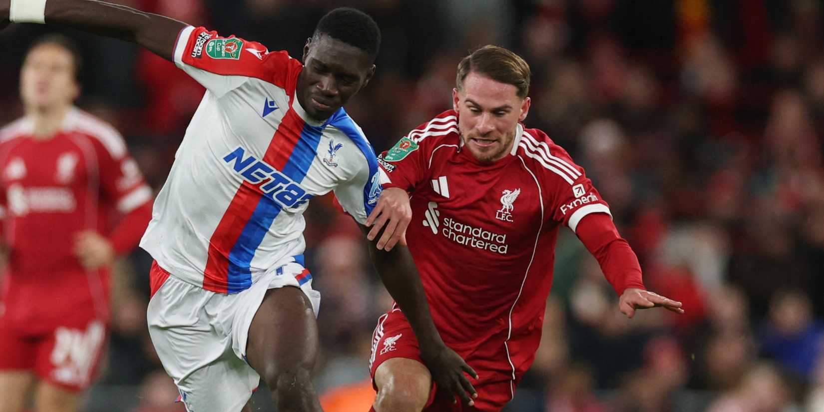 Crystal Palace's Ismaila Sarr in action with Liverpool's Alexis Mac Allister