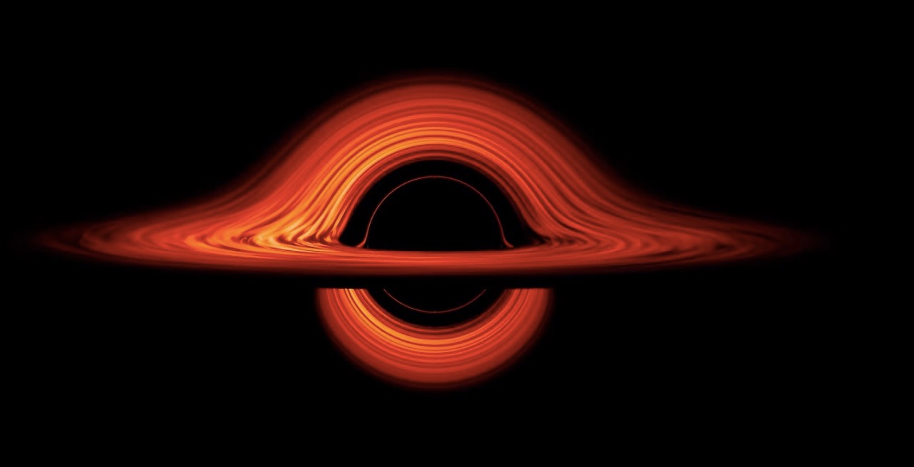 A bright orange disk around a circle of the same color with a black sphere at its center