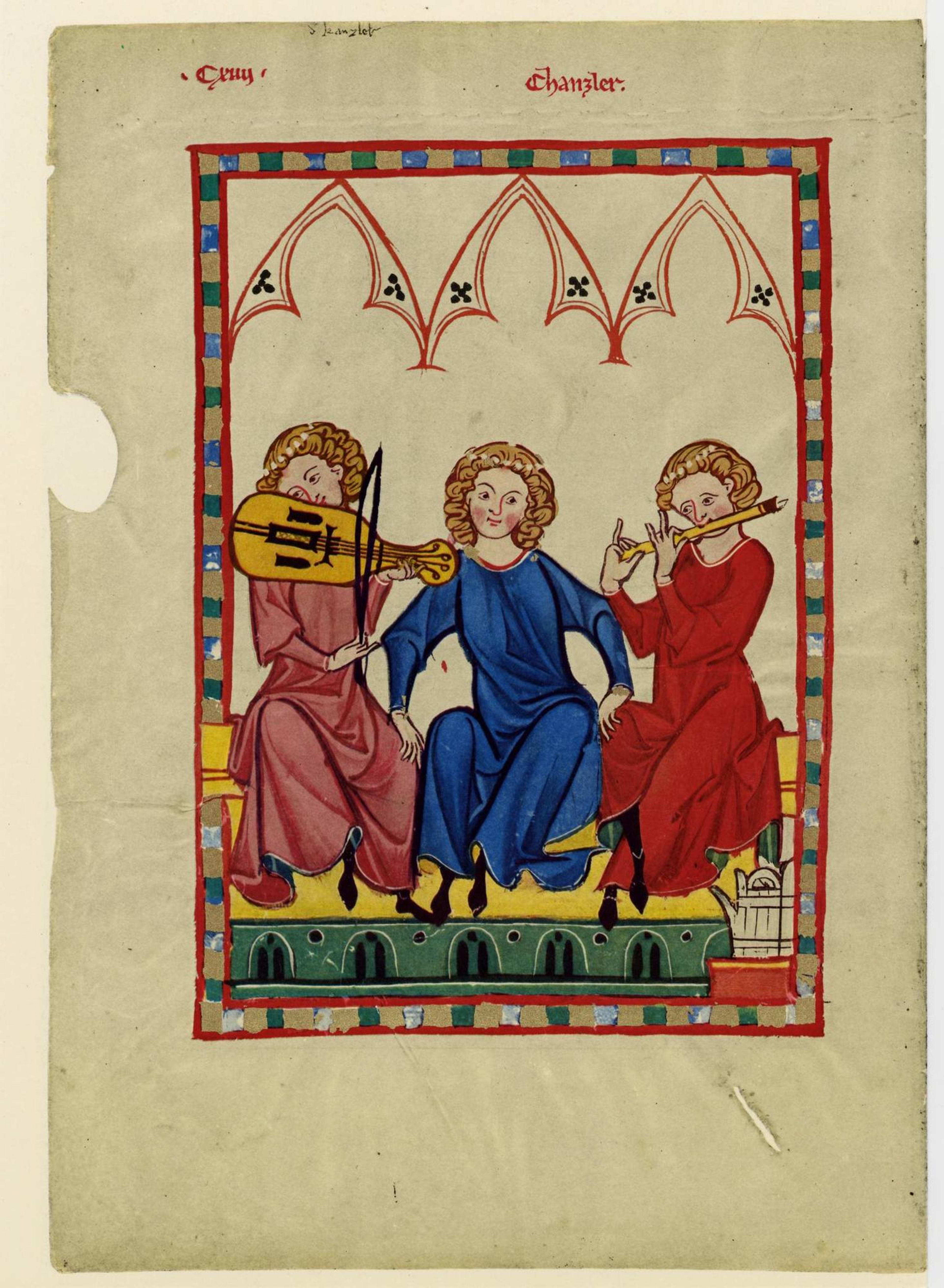 Medieval painting of musicians playing instruments in colourful robes under an archway.