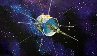 Artist's impression of the many-antenna ISEE-3 spacecraft flying through space
