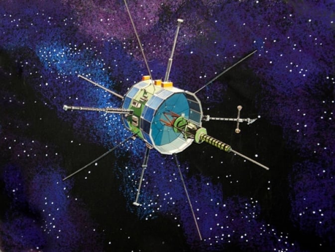 Artist's impression of the many-antenna ISEE-3 spacecraft flying through space