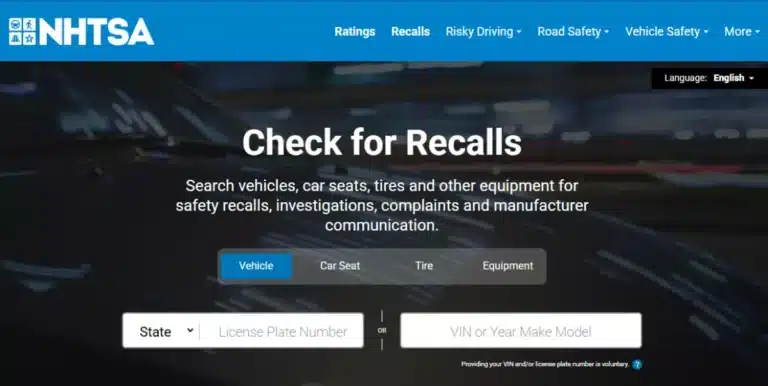 NHTSA Recall Search page