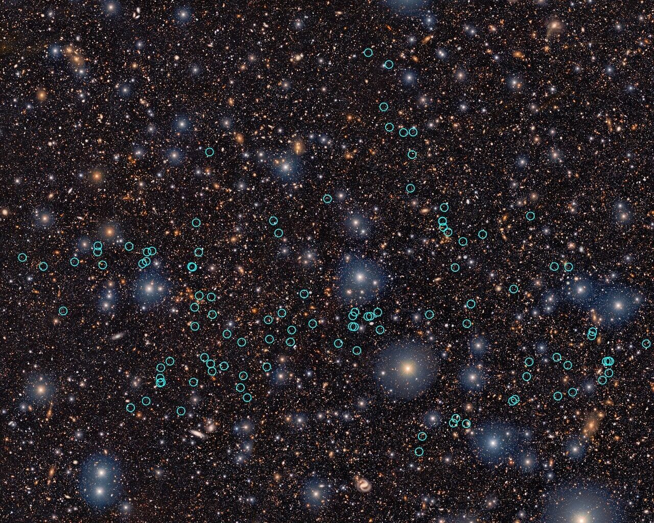 An annotated view of a map of the newly discovered proto-supercluster COSMOS-z3.1-A. It was discovered in data from a large survey of the Southern Hemisphere sky taken by the Dark Energy Camera mounted on the Blanco telescope on Cerro Tololo, Chile. Credit: CTIO/NOIRLab/DOE/NSF/AURA