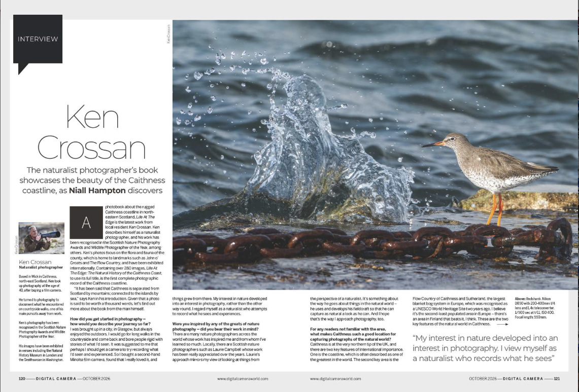 Image showing the first two pages of the main interview in issue 312 (October 2026) of Digital Camera magazine, chatting to naturalist photographer Ken Crossan