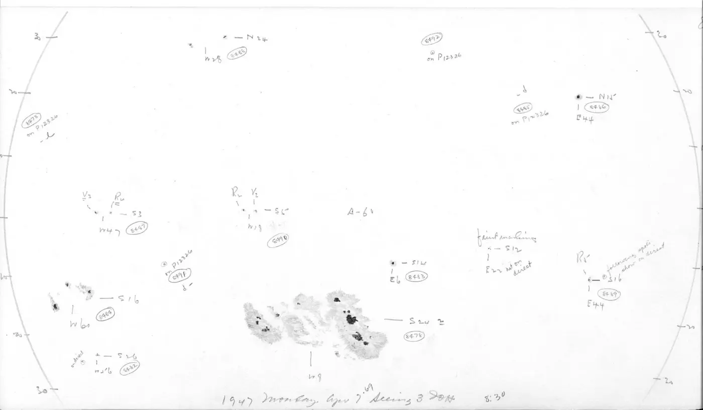 Hand-drawn image of sunspots from the Great Sunspot of 1947. Credit - Mount Wilson Observatory
