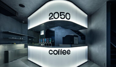 diagonal forms and illuminated curves outline 2050 coffee shop in osaka
