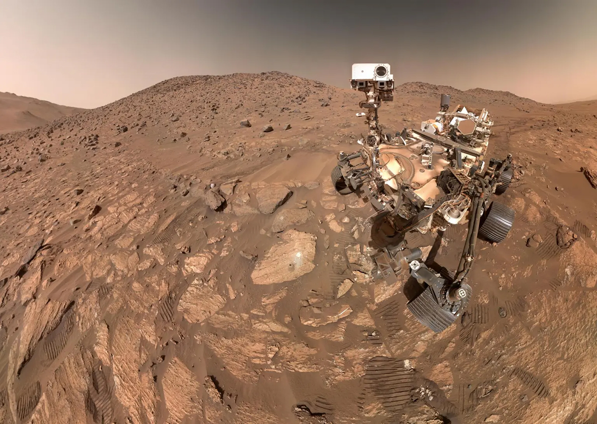 NASA's Perseverance rover captured this selfie on 23 July 2024, near a rock known as Cheyava Falls, which shows evidence that it may have once been home to microbial life. Credit: NASA/JPL-Caltech/MSSS