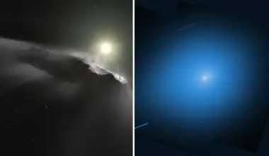 Artist impression of the interstellar object ‘Oumuamua (L); Interstellar comet 3I/ATLAS on Nov. 30, 2025, as observed by the Wide Field Camera 3 instrument on NASA’s Hubble Space Telescope (R). (Image Source: ESA/Hubble, NASA, ESO, M. Kornmesser/NASA, ESA, STScI, D. Jewitt (UCLA), M.-T. Hui (Shanghai Astronomical Observatory). Image Processing: J. DePasquale (STScI))