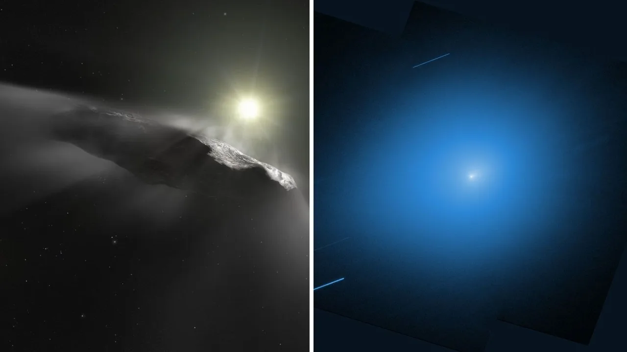 Artist impression of the interstellar object ‘Oumuamua (L); Interstellar comet 3I/ATLAS on Nov. 30, 2025, as observed by the Wide Field Camera 3 instrument on NASA’s Hubble Space Telescope (R). (Image Source: ESA/Hubble, NASA, ESO, M. Kornmesser/NASA, ESA, STScI, D. Jewitt (UCLA), M.-T. Hui (Shanghai Astronomical Observatory). Image Processing: J. DePasquale (STScI))