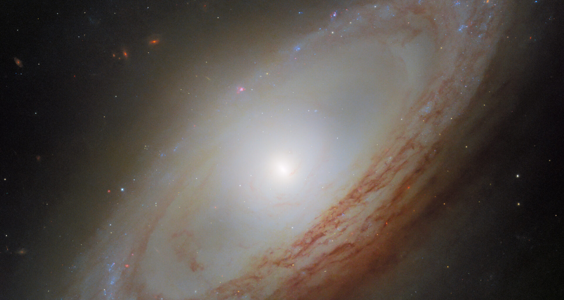 A spiral galaxy viewed at an angle, with a bright central bulge and winding spiral arms. The arms form a ring around the galaxy, without appearing to reach its center. Prominent red-brown dust lanes weave through the arms, which are also dotted with bright blue and reddish regions of star formation. The galaxy is set against a dark background scattered with stars and faint distant galaxies.
