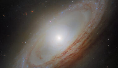 A spiral galaxy viewed at an angle, with a bright central bulge and winding spiral arms. The arms form a ring around the galaxy, without appearing to reach its center. Prominent red-brown dust lanes weave through the arms, which are also dotted with bright blue and reddish regions of star formation. The galaxy is set against a dark background scattered with stars and faint distant galaxies.