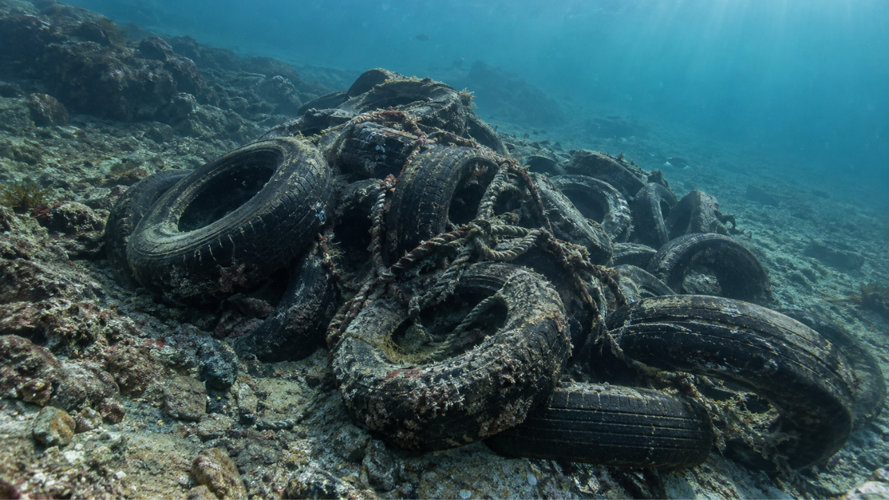 AI REPRESENTATION: Discarded vehicle tyres rest on the seafloor of Puget Sound, where they were once used to create artificial reefs for recreational fishing | ChatGPT puget