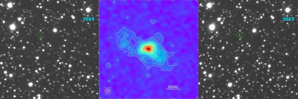 Sakurai's Object is an unusual star that is undergoing evolutionary changes on human timescales. Over thirty years, it has becomes six times brighter. This is due to a very late thermal pulse. As a result, it's transitioned from a white dwarf to a Wolf-Rayet type star, and is called a 'born again' star. The middle panel is an ALMA image that shows the expanding shell of material from the pulse. Image Credit: Stefan Kimeswenger, University of Innsbruck; Peter van Hoof, Royal Observatory Belgium