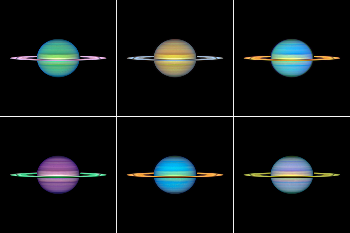 Views of Saturn in different wavelengths, as seen by the Hubble Space Telescope observation program called OPAL (Outer Planet Atmospheres Legacy). Science: NASA, ESA, Amy Simon (NASA-GSFC), Michael H. Wong (UC Berkeley). Image Processing: Joseph DePasquale (STScI)