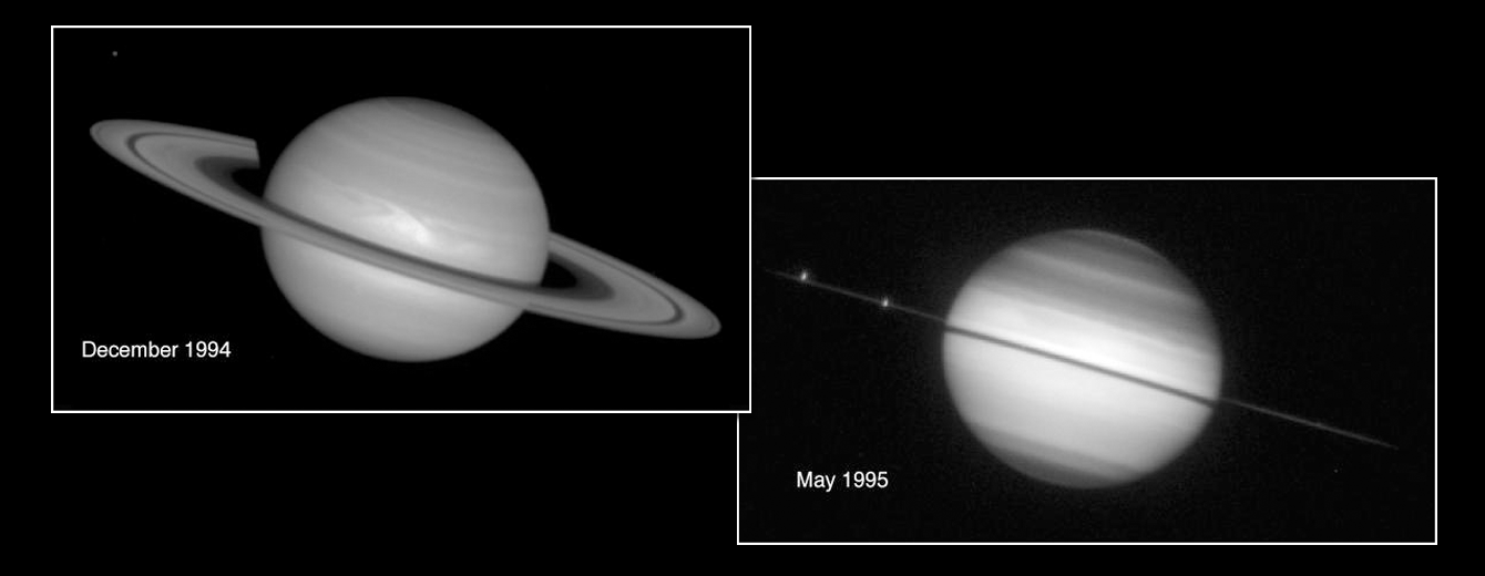 Saturn's ring plane crossing in May 1995, seen by the Hubble Space Telescope. Credit: STScI and NASA