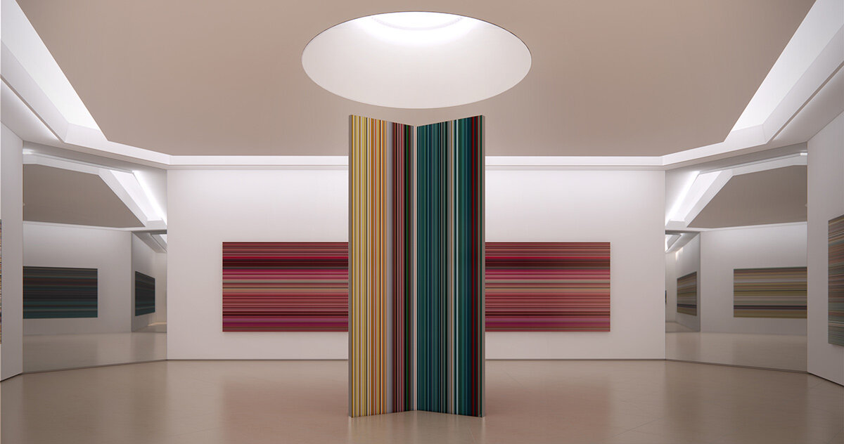 artist gerhard richter designs hexagonal doha pavilion from his strip paintings