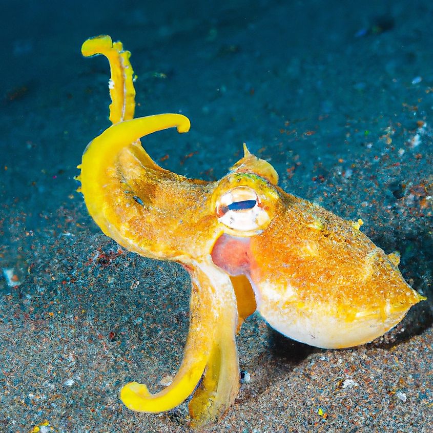 A dumbo octopus with ear-like fins above the seafloor.