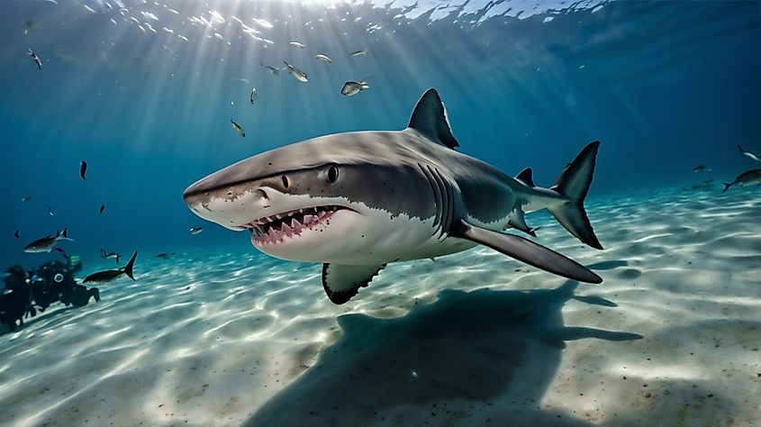A great white shark swimming near the surface with its mouth open.