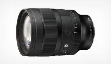A black Sigma 85mm f/1.2 DG lens viewed from the side, featuring a focus ring, aperture ring, and an autofocus switch against a white background.