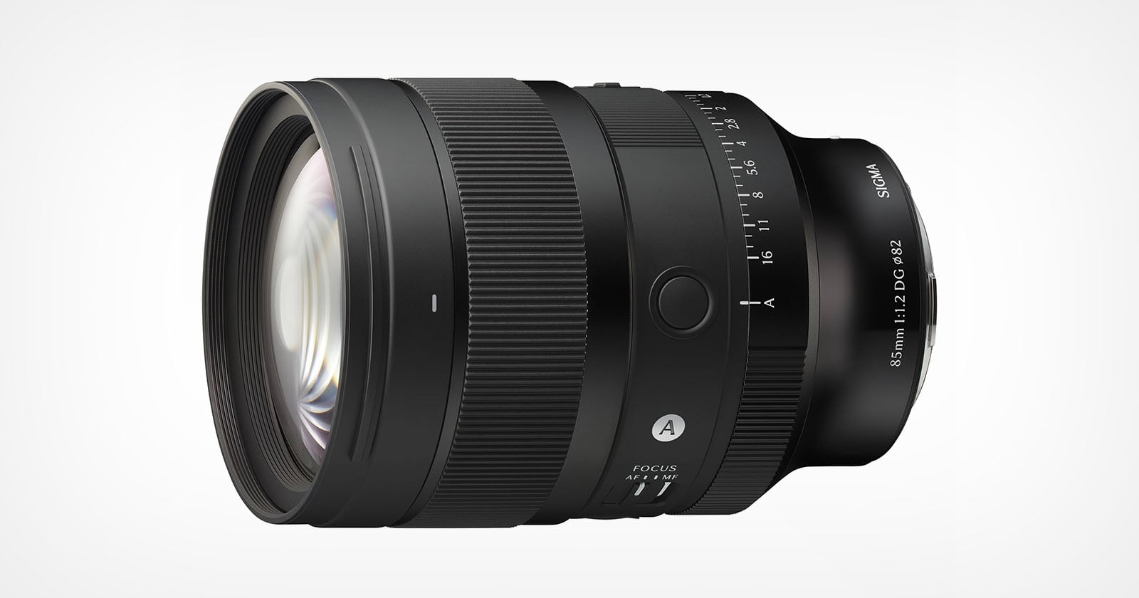 A black Sigma 85mm f/1.2 DG lens viewed from the side, featuring a focus ring, aperture ring, and an autofocus switch against a white background.