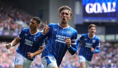 Daniel Neil celebrates the first of his two goals for Rangers