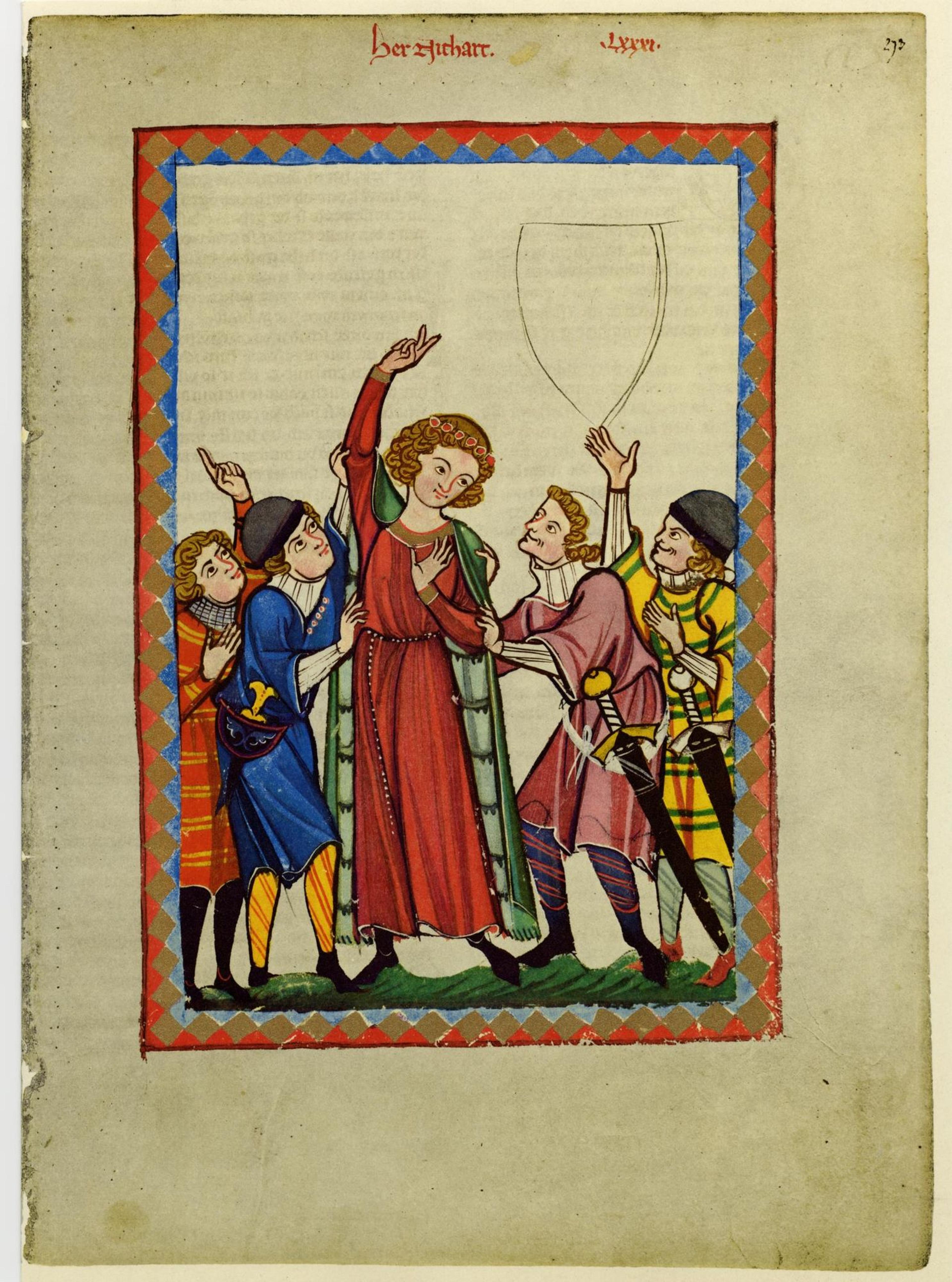 Medieval manuscript illustration of multiple figures interacting, with one central figure gesturing upward.