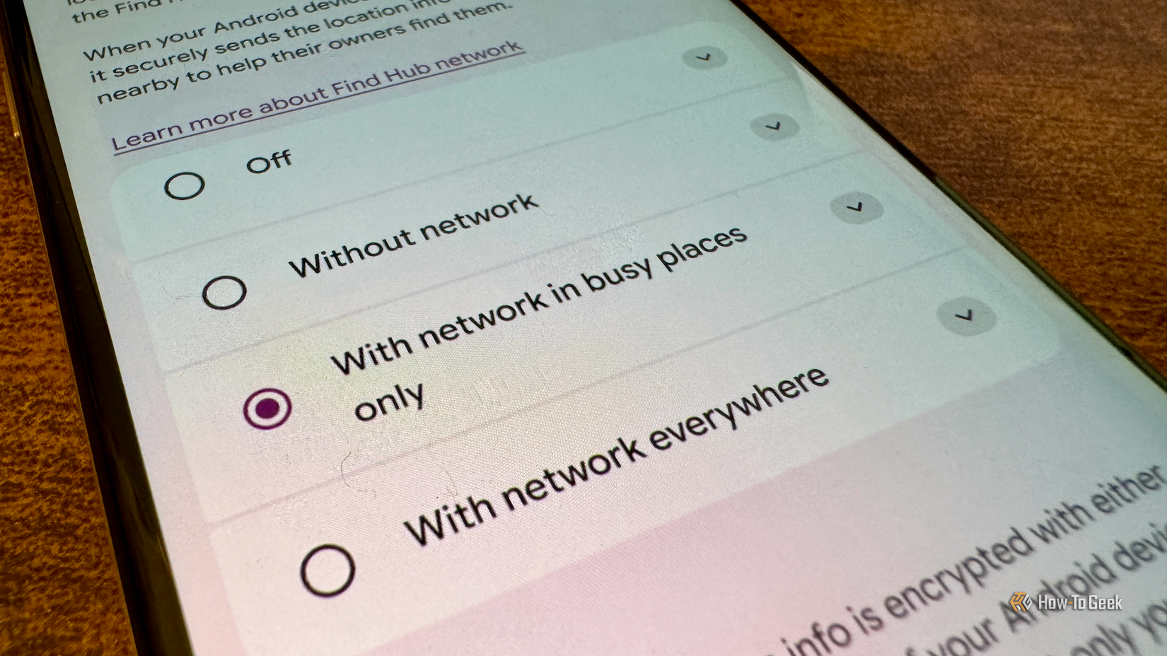 The With network in busy places only setting in Find Hub on a phone.